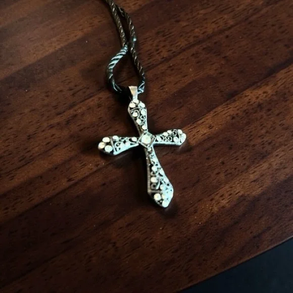 Rhinestone Cross Pendant Necklace - Silver Tone - Picture 6 of 6